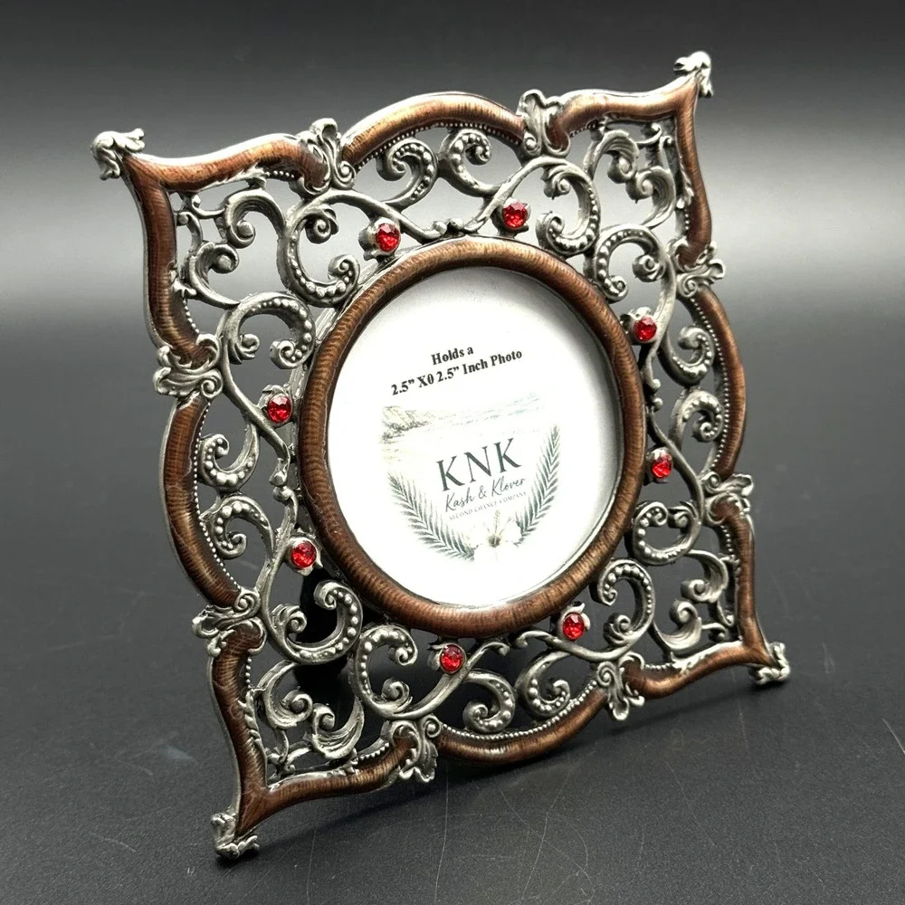 Ornate Picture Frame Bronze Silver Red Rhinestone Coastal Glam‎ 2.5